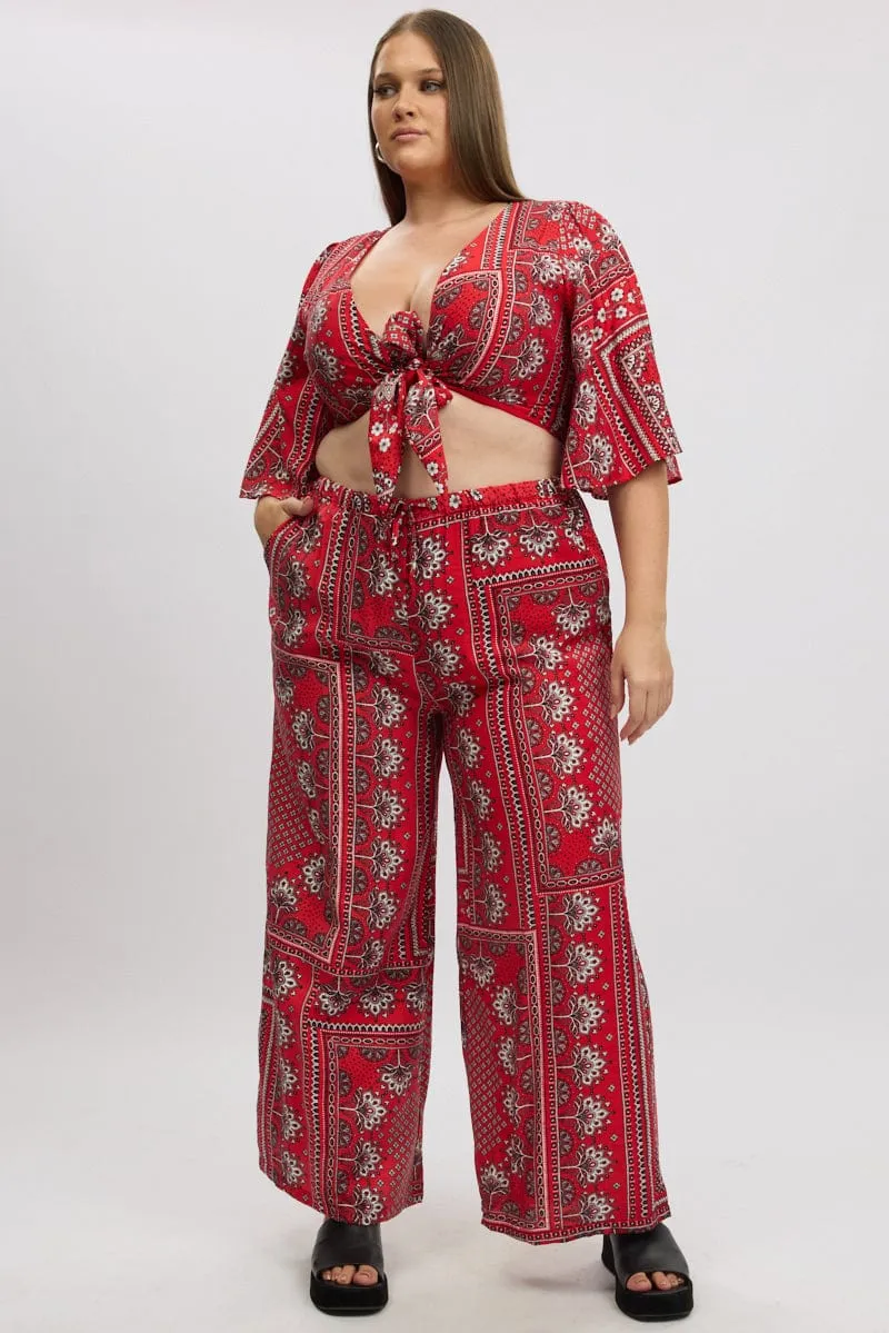 Recycled Polyester Red Boho Elastic Waist Wide Leg Pants