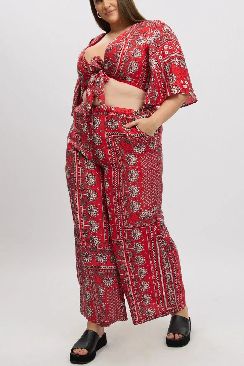 Red Boho Elastic Waist Wide Leg Pants Trendy Vibe