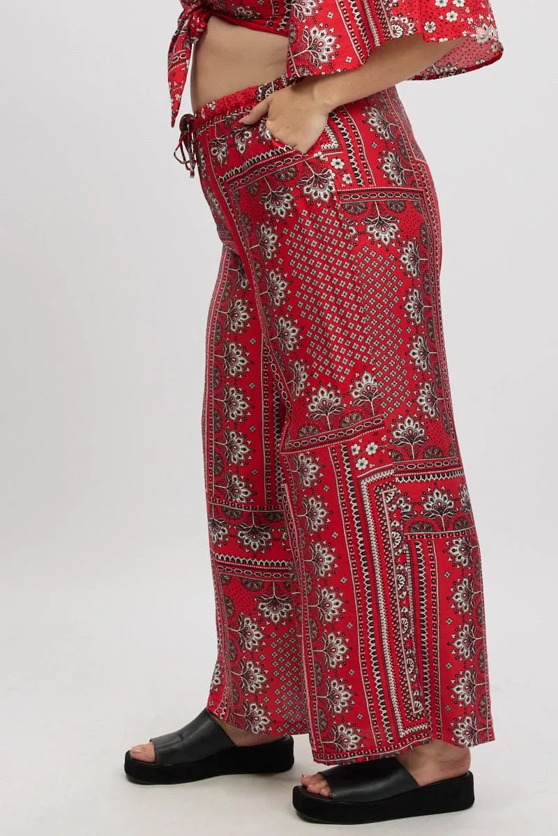 Stain Release Finish Light Fit Red Boho Elastic Waist Wide Leg Pants