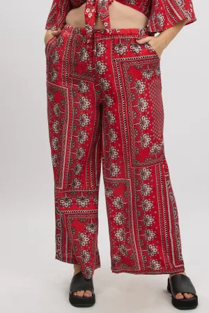 LightweightWeave Red Boho Elastic Waist Wide Leg Pants