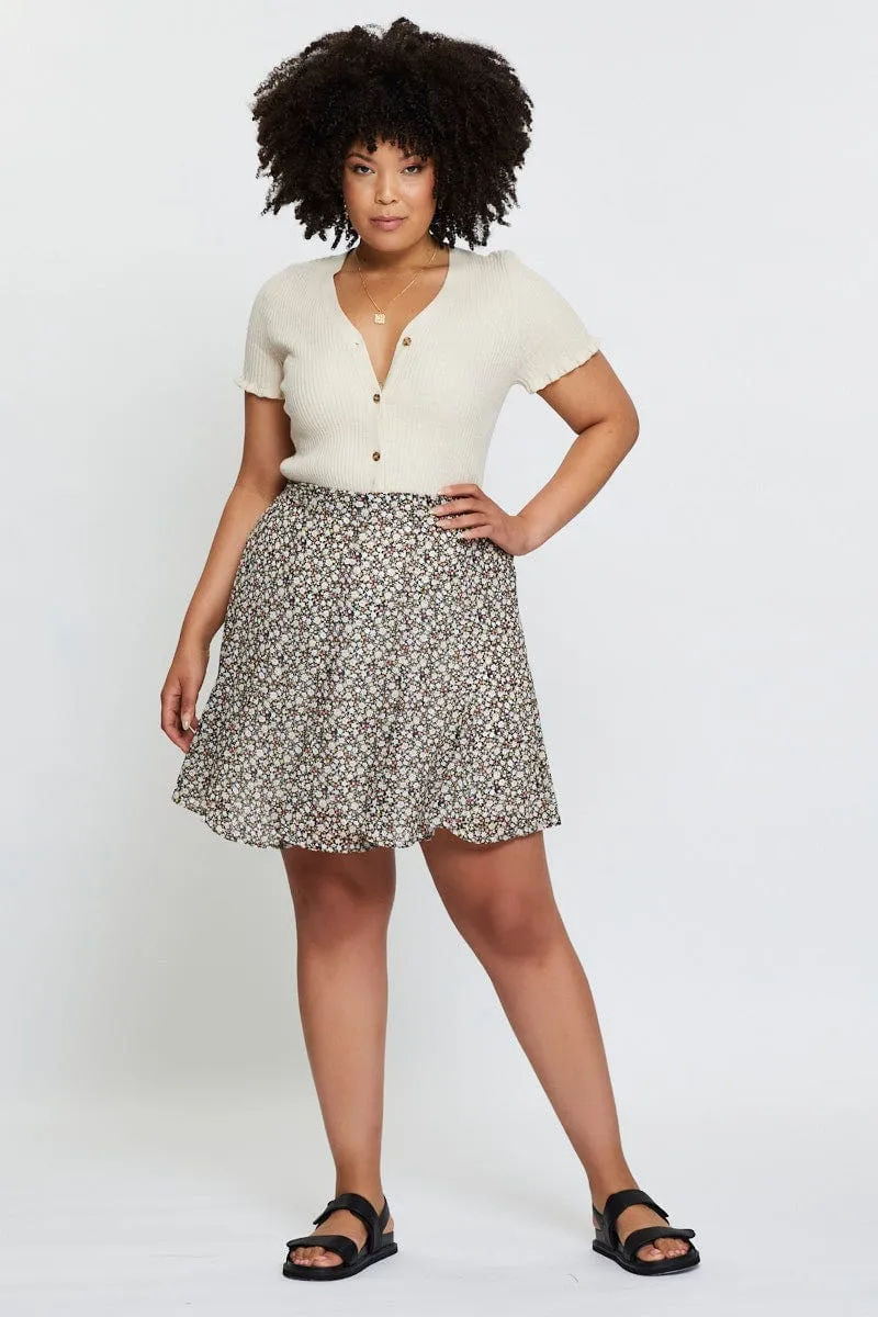 Smart Design Flexible Motion Floral Print Mini Wrap Skirt Ruffle Hem