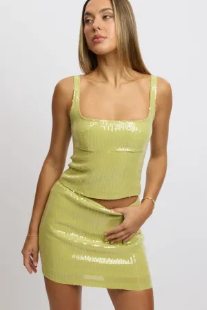 Green Sequins Skirt High Waisted Mini ribbed texture Layered Design