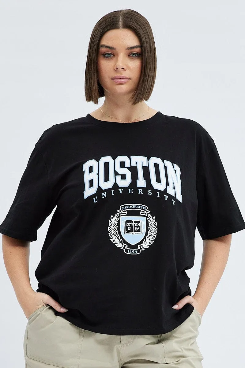 Active Trend Look Black Graphic T-shirt Short Sleeve Crew Neck