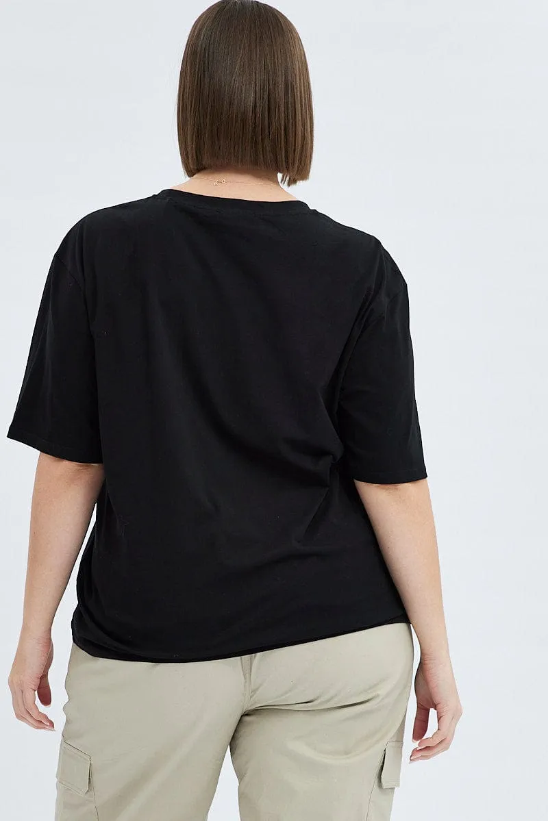 Black Graphic T-shirt Short Sleeve Crew Neck Simple Look Chic Look