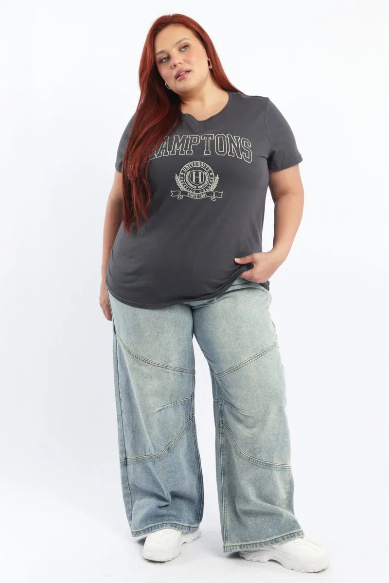 Grey Graphic T Shirt Short Sleeve Crew Neck casual top