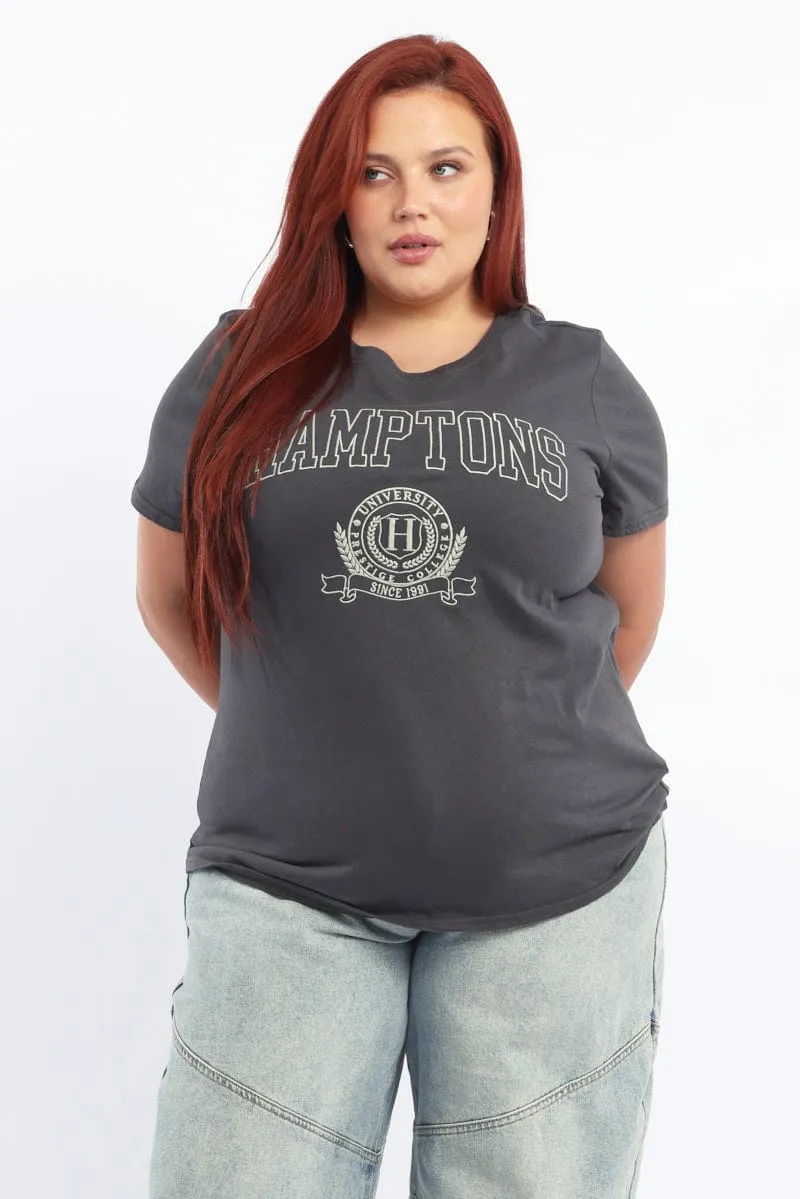 Stretch Jersey Knit Grey Graphic T Shirt Short Sleeve Crew Neck