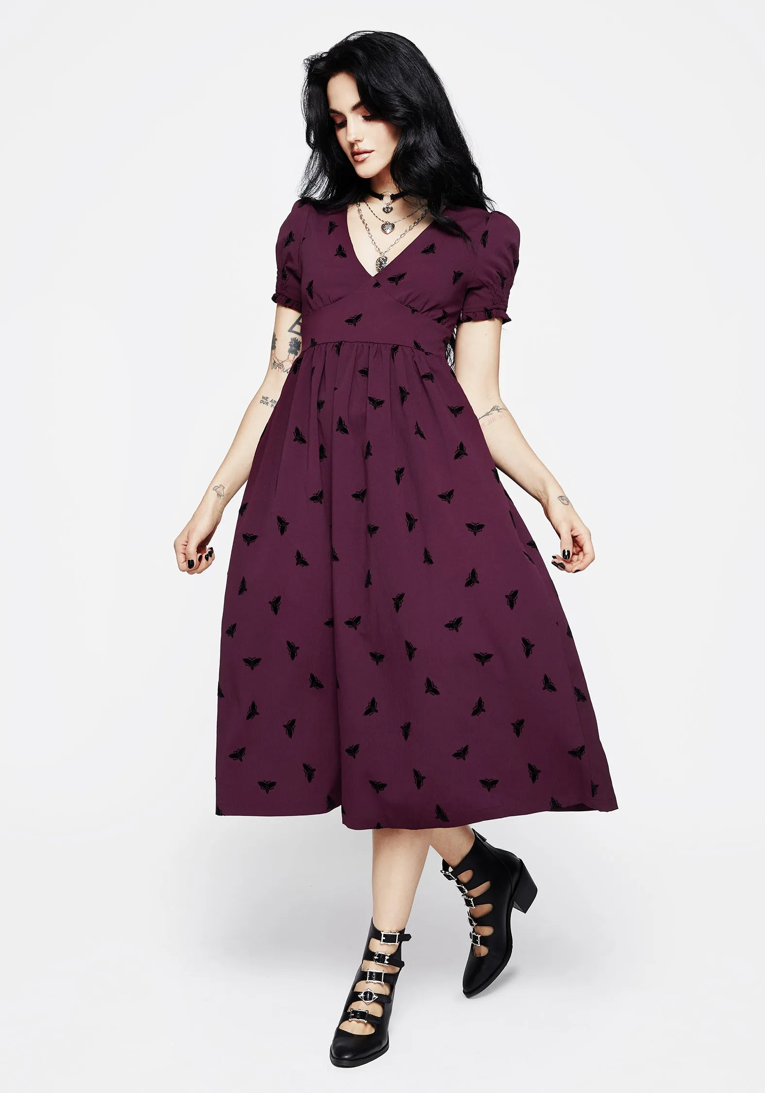 Styx Moth Flocked Velour Print Midi Dress Trendy Wear Alley View