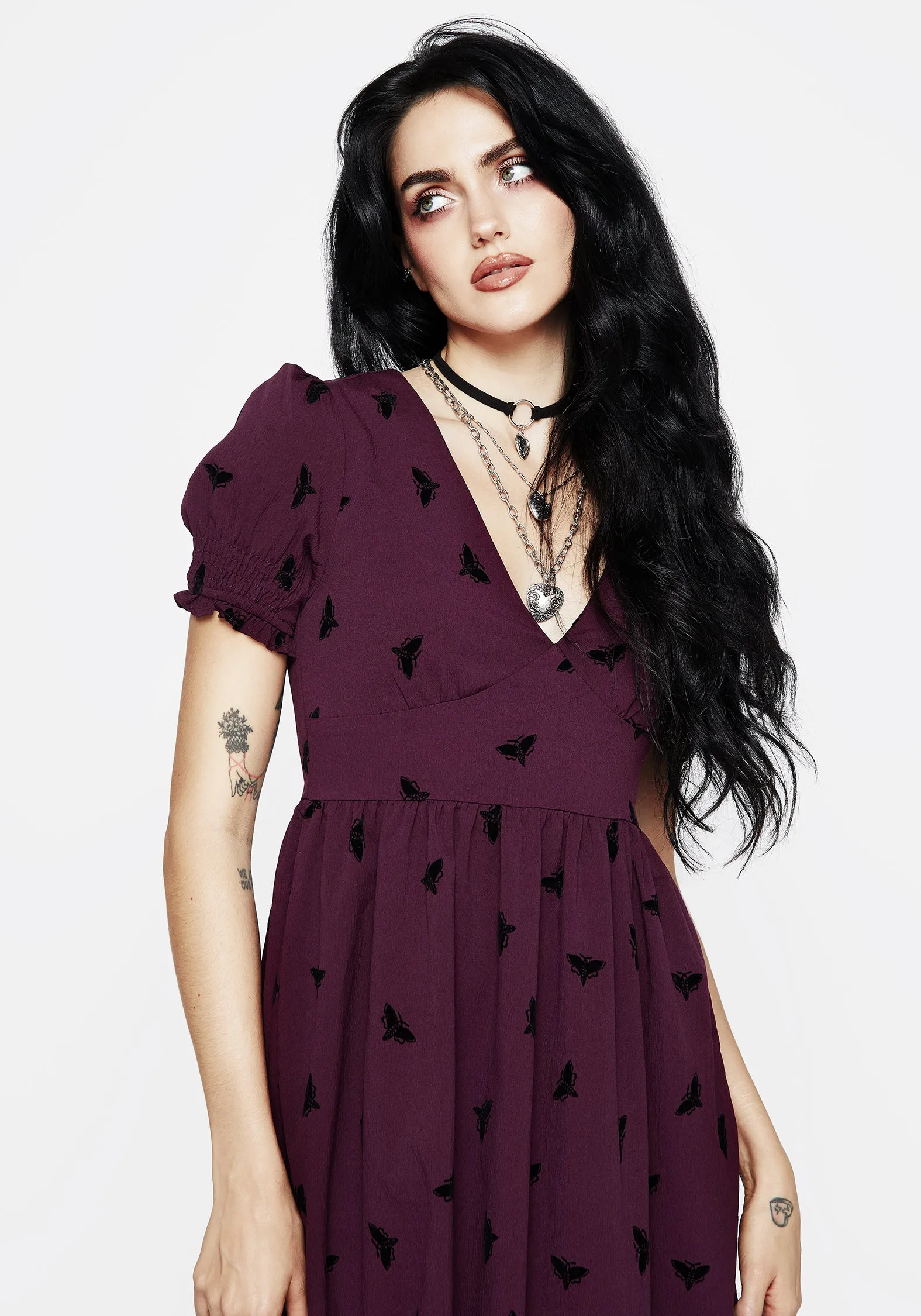 Artistic Vibe Styx Moth Flocked Velour Print Midi Dress