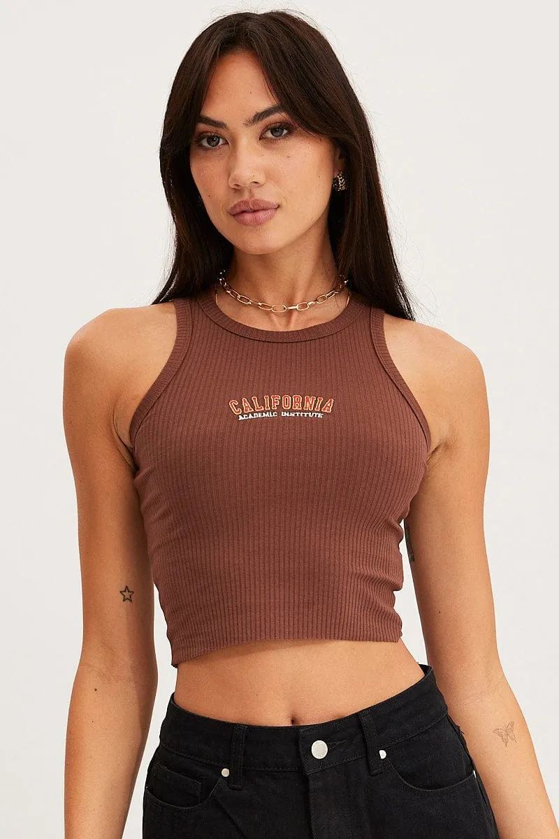 CompactPackaging Brown Graphic Tank Embroided