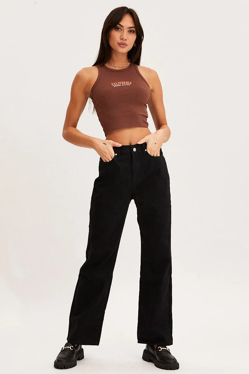 Fashionable Look Brown Graphic Tank Embroided