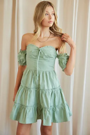 Layered Paneling Wool Fit Green Fit And Flare Dress Off Shoulder Short Sleeve