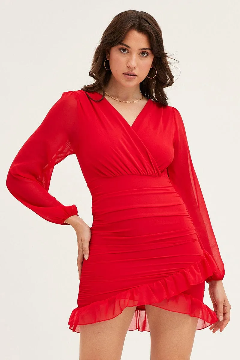 Clean Cut french chic Red Long Sleeve Party Bodycon Dress