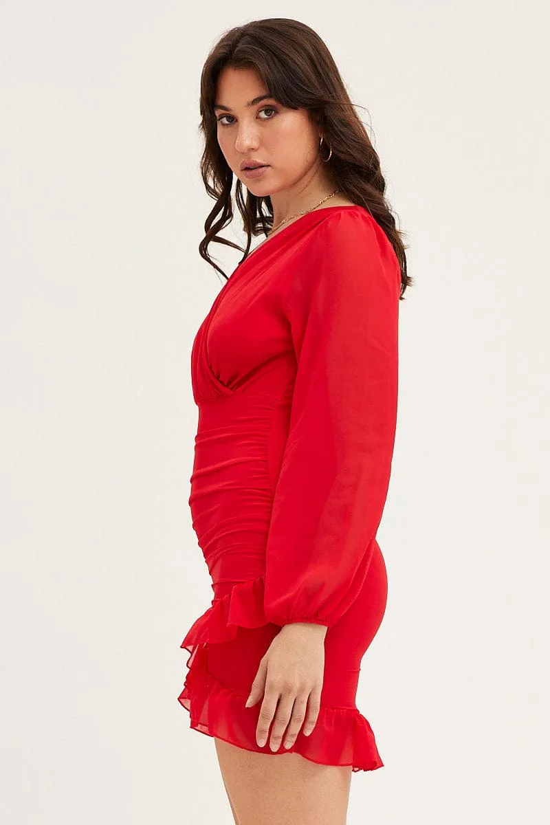 Red Long Sleeve Party Bodycon Dress Myth Glow