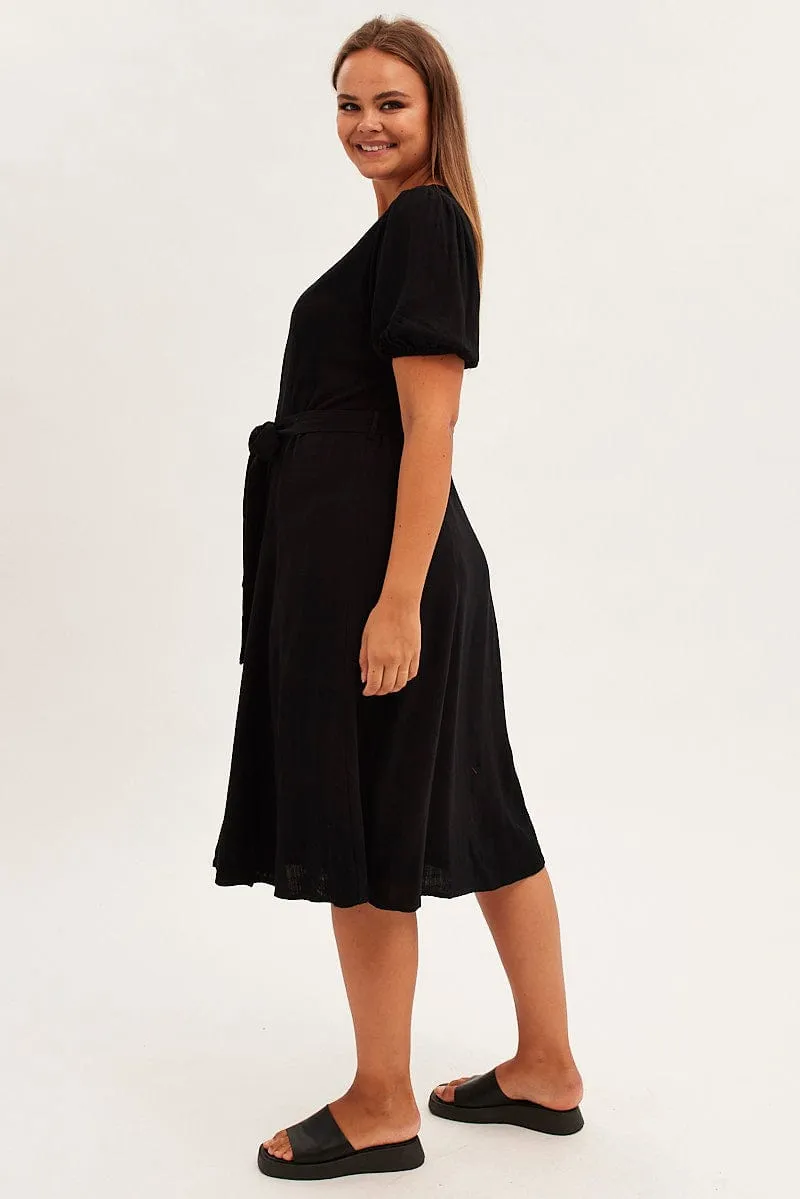 Black Short Sleeve Button Through Linen Blend Midi Dress Japanese Neat Charming Wardrobe