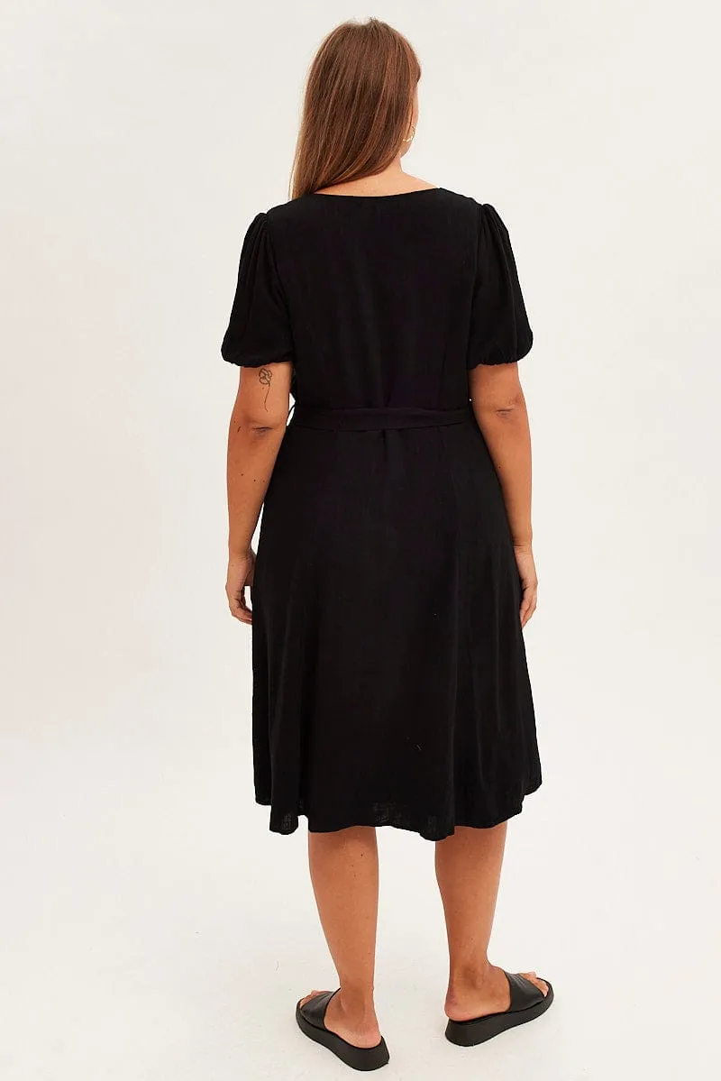 Smart Appearance Black Short Sleeve Button Through Linen Blend Midi Dress