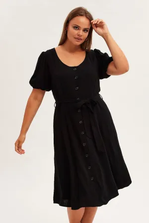 Chiffon Air Black Short Sleeve Button Through Linen Blend Midi Dress