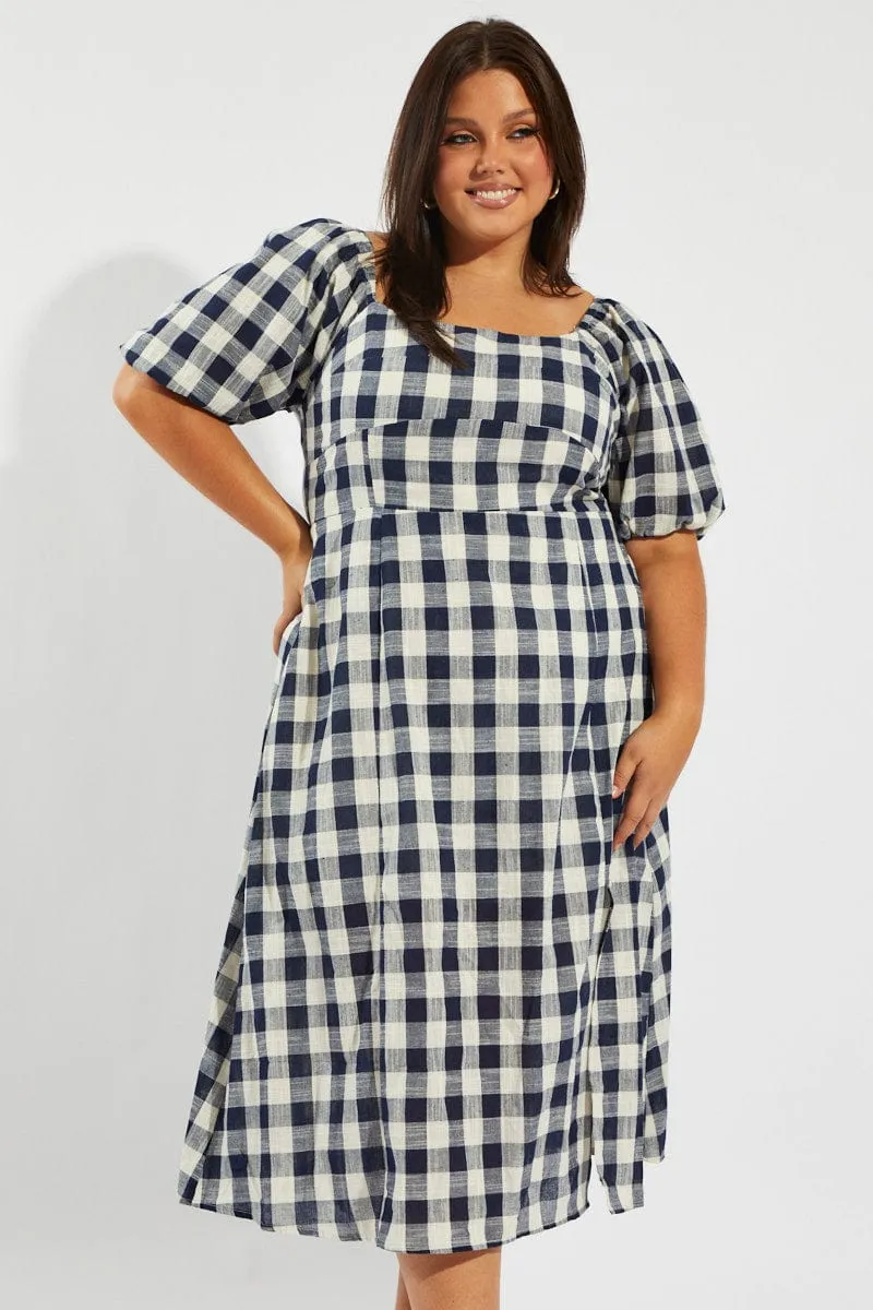 Blue Check Midi Dress With Split And Puff Sleeves Mesh Breeze