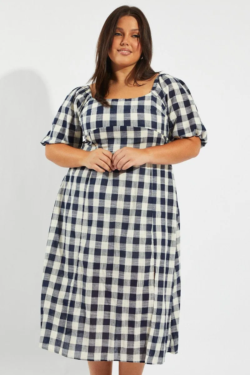 Blue Check Midi Dress With Split And Puff Sleeves Contemporary Style Relaxed Comfort
