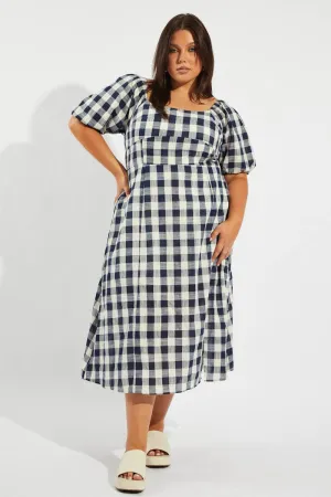 Blue Check Midi Dress With Split And Puff Sleeves Smart and Stylish Stylish Choices