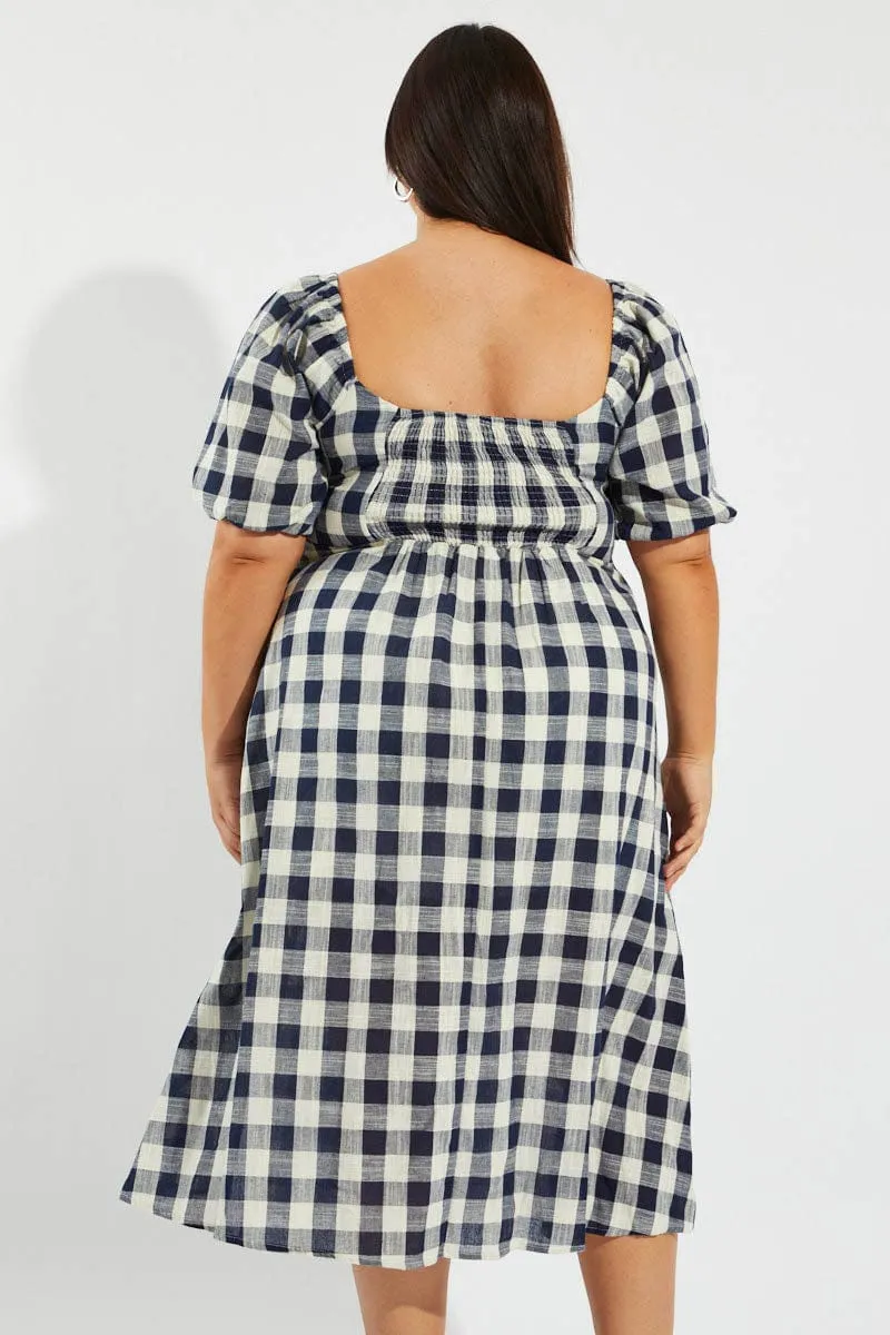 Blue Check Midi Dress With Split And Puff Sleeves Polished Design City Walk