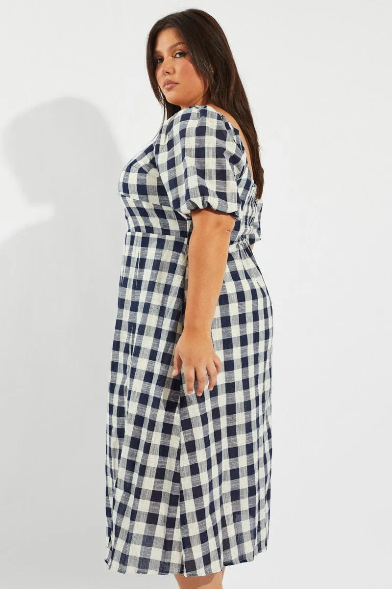 Blue Check Midi Dress With Split And Puff Sleeves Soft Grace City Sleek