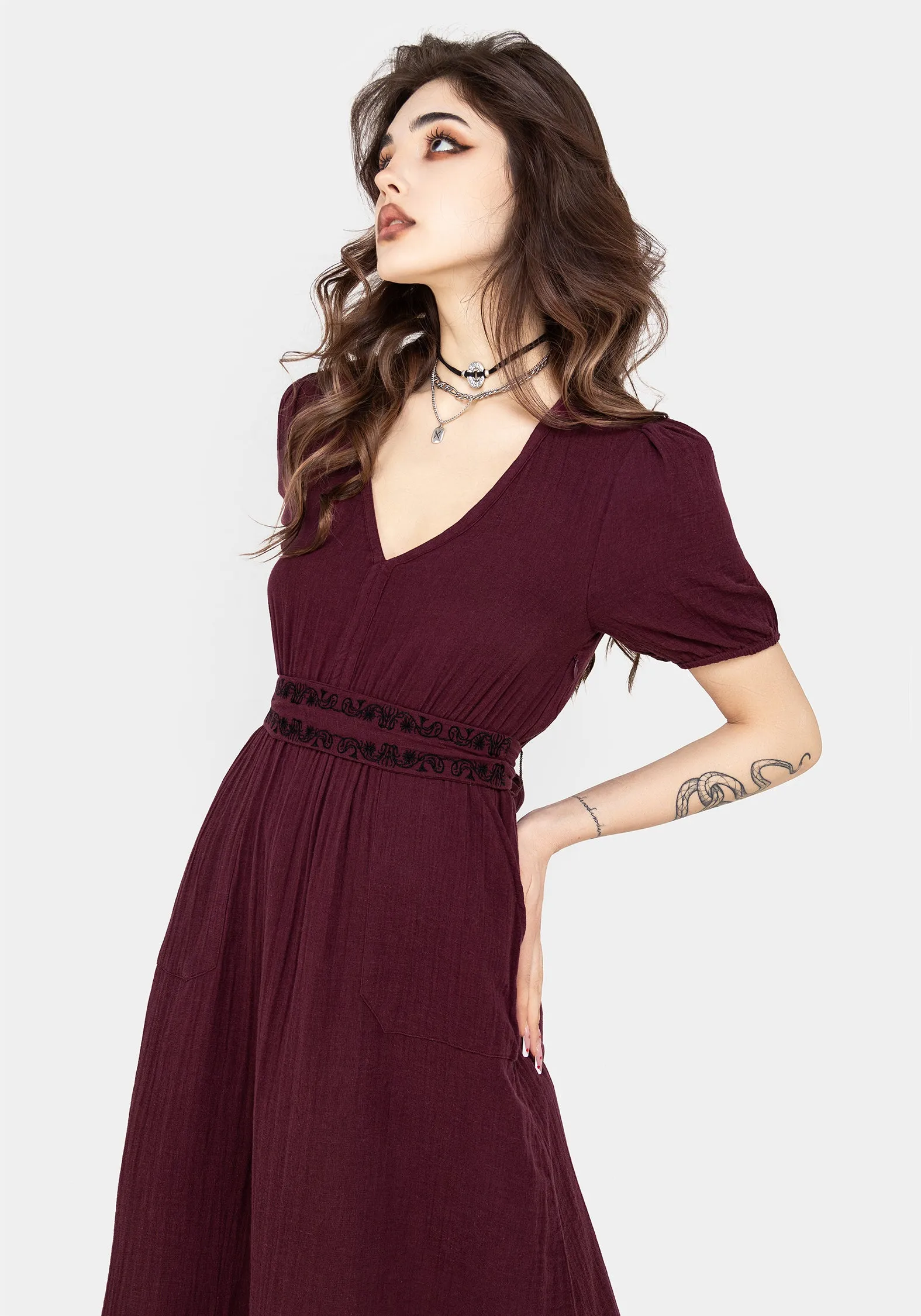 Poultice Embroidered Cotton Midi Dress Comfy Smart