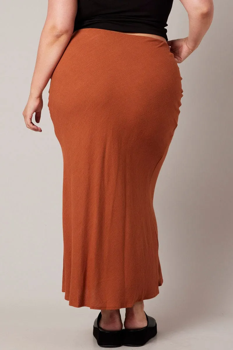 anti static Rolled Hem Brown Bias Linen Slip Maxi Skirt