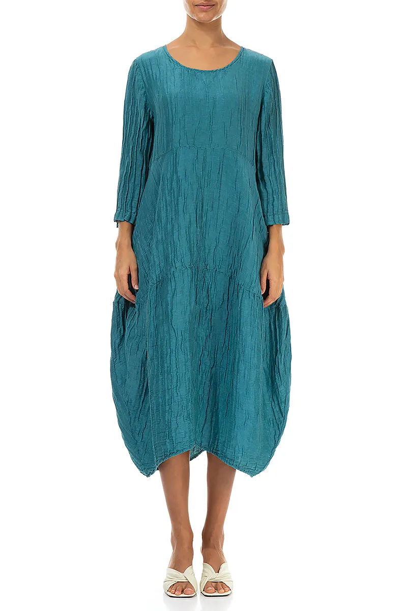 Casual dress Warm Jacket Balloon Crinkled Turquoise Silk Linen Dress