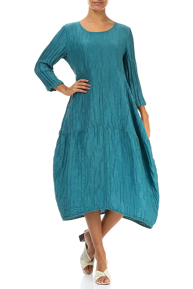 Balloon Crinkled Turquoise Silk Linen Dress Cold Weather Wear