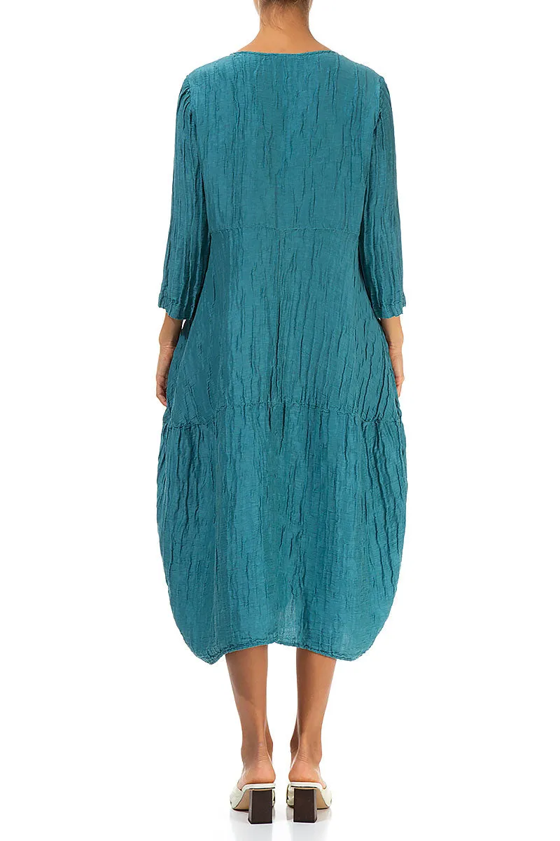TaglessCollar Balloon Crinkled Turquoise Silk Linen Dress