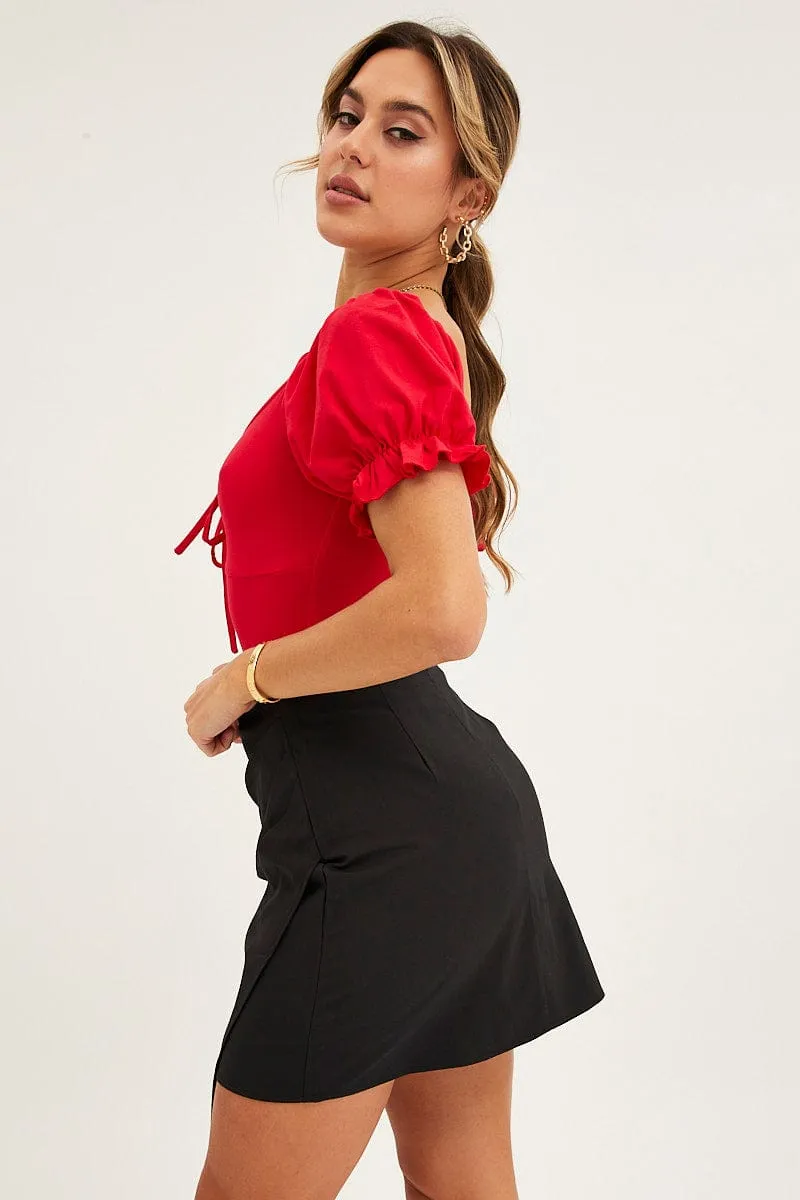 Black Mini Skirt Wrap Front High Waist
