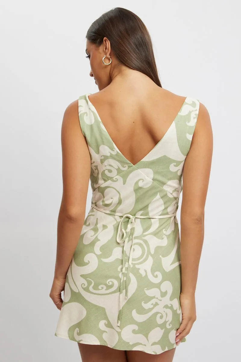 Minimal Seam Light Touch Green Abstract A Line Mini Dress Sleeveless