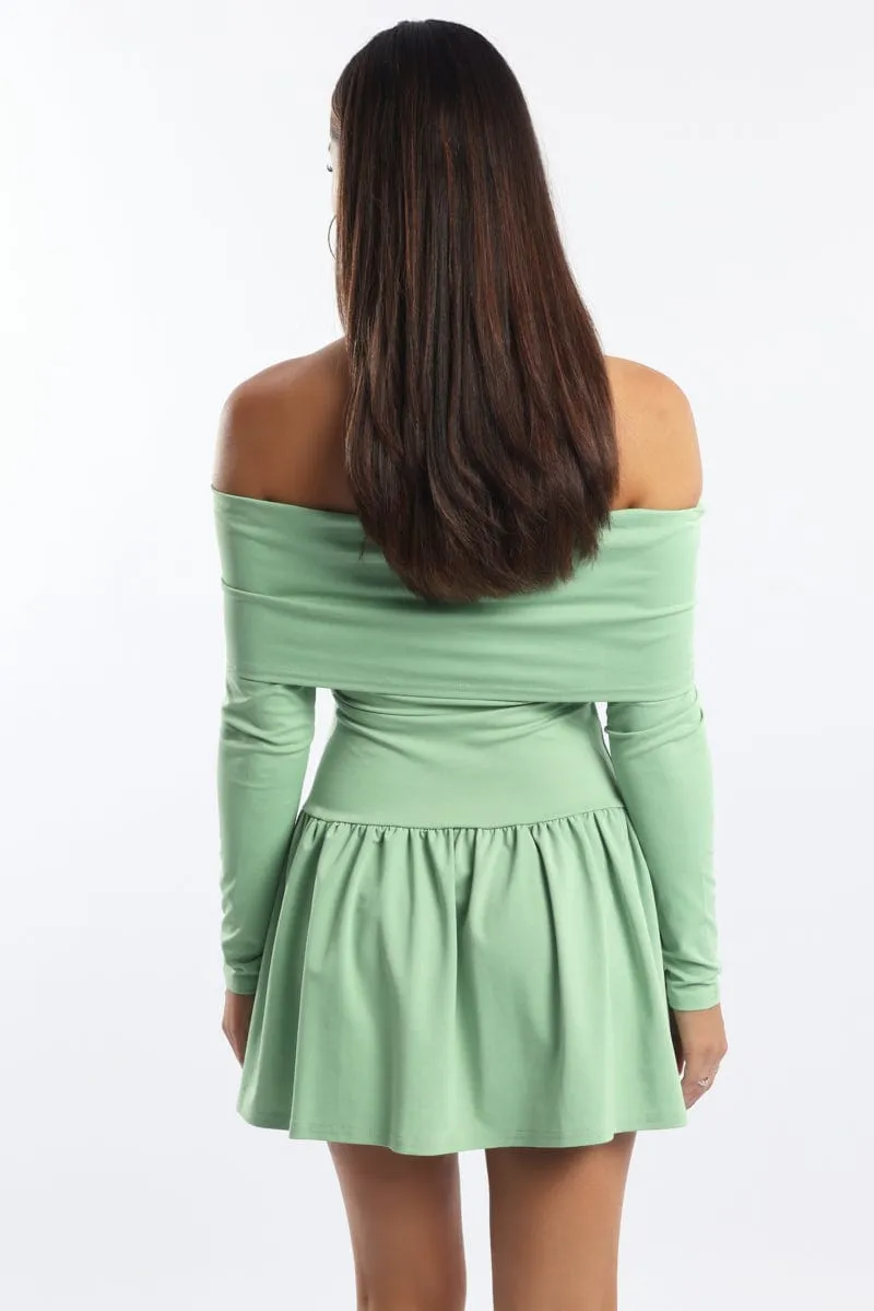 Green Off Shoulder Mini Dress Oversized Pocket