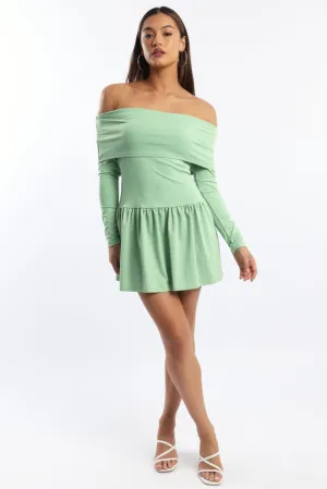 Green Off Shoulder Mini Dress Stylish mini with ruffles