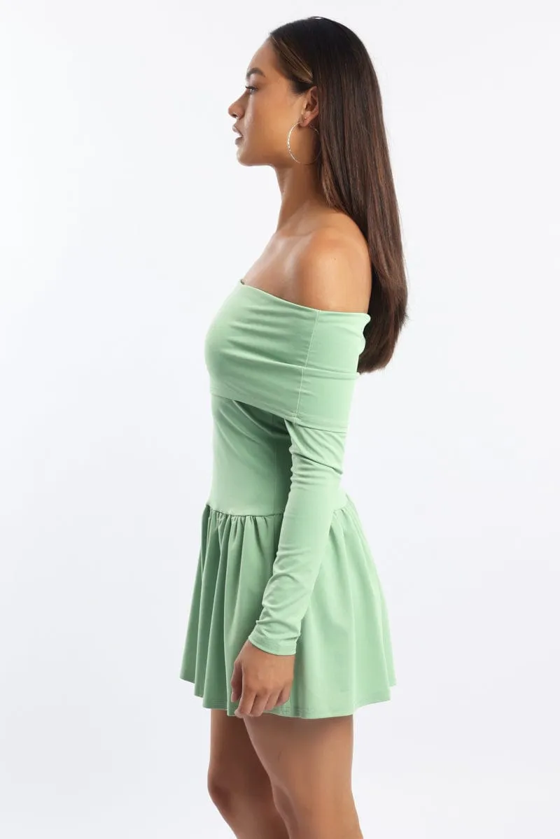Green Off Shoulder Mini Dress Overlapping Panel Design Perfect Fit