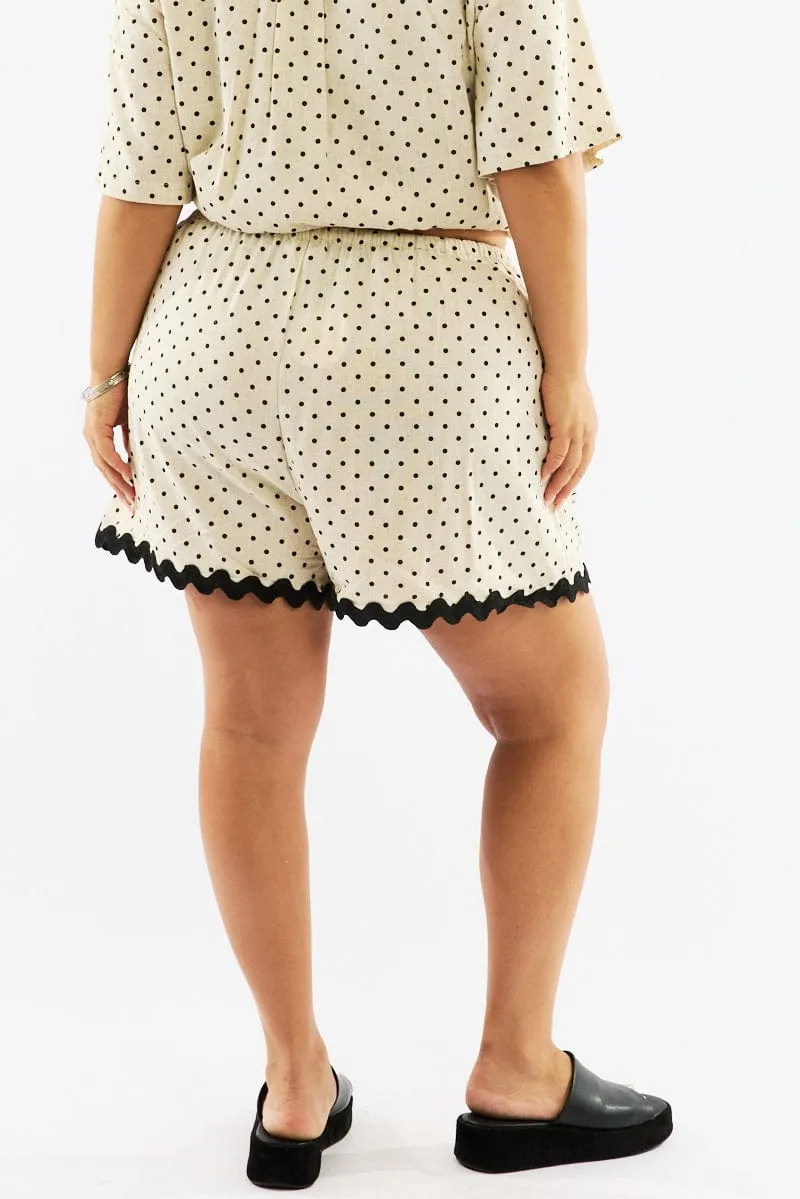 Beige Polka Dot Elastic Waist Linen Blend Ric Rac Trim Shorts Cool Edge ReflectiveTrims