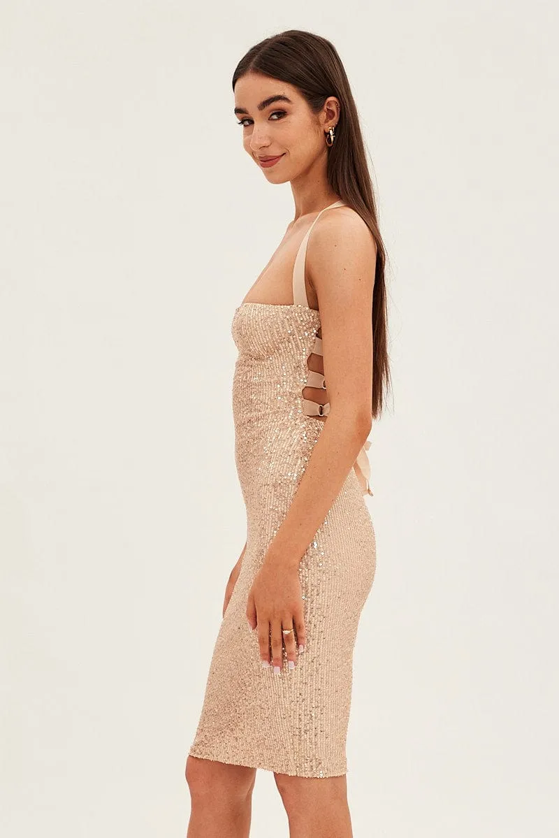 Beach Fit Beige Sequin Bodycon Party Dress