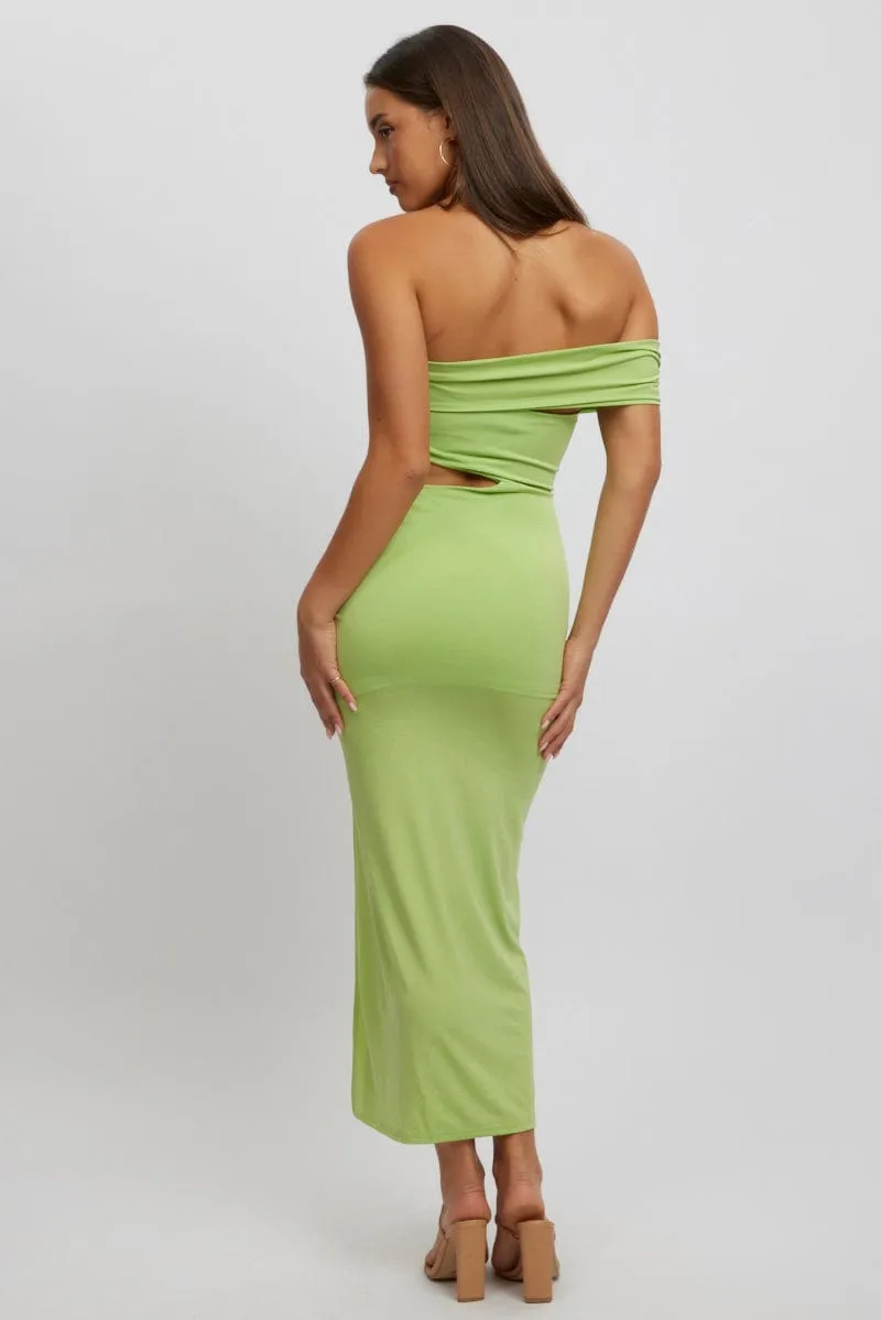 Breathable knit Green Bodycon Dress One Shoulder Maxi