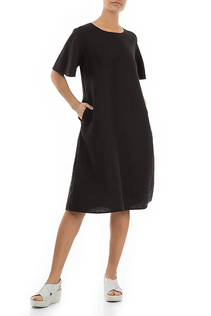 WrinkleResistant Fabric Chic Accessory Short Sleeves Midi Black Linen Dress