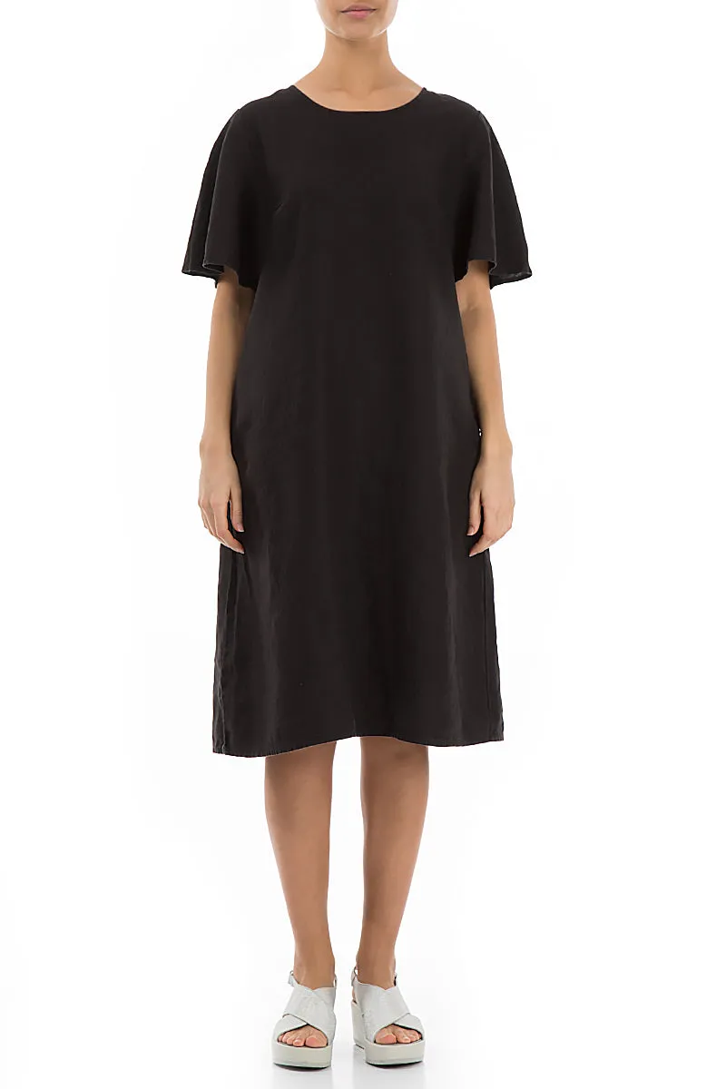 Airflow Vents Short Sleeves Midi Black Linen Dress