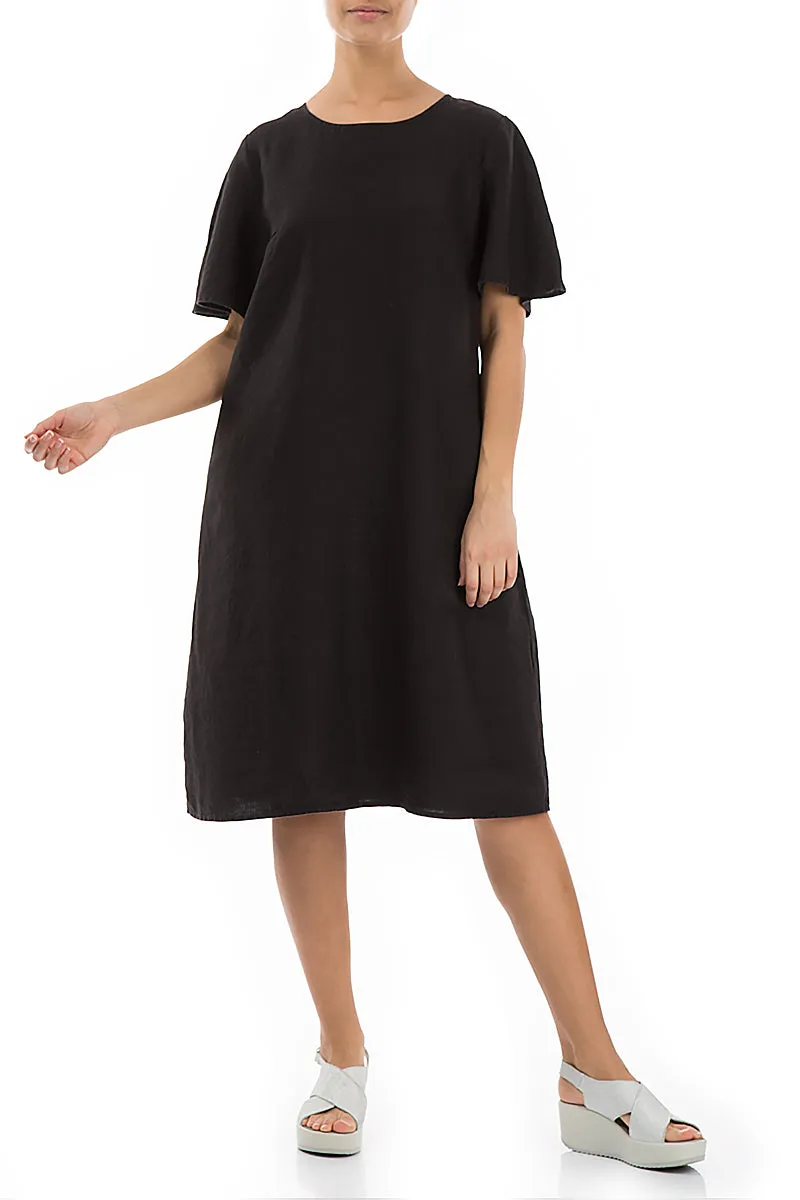 Village Charm Chic Wear Short Sleeves Midi Black Linen Dress
