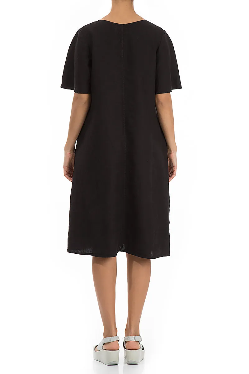 Short Sleeves Midi Black Linen Dress Organic Cotton