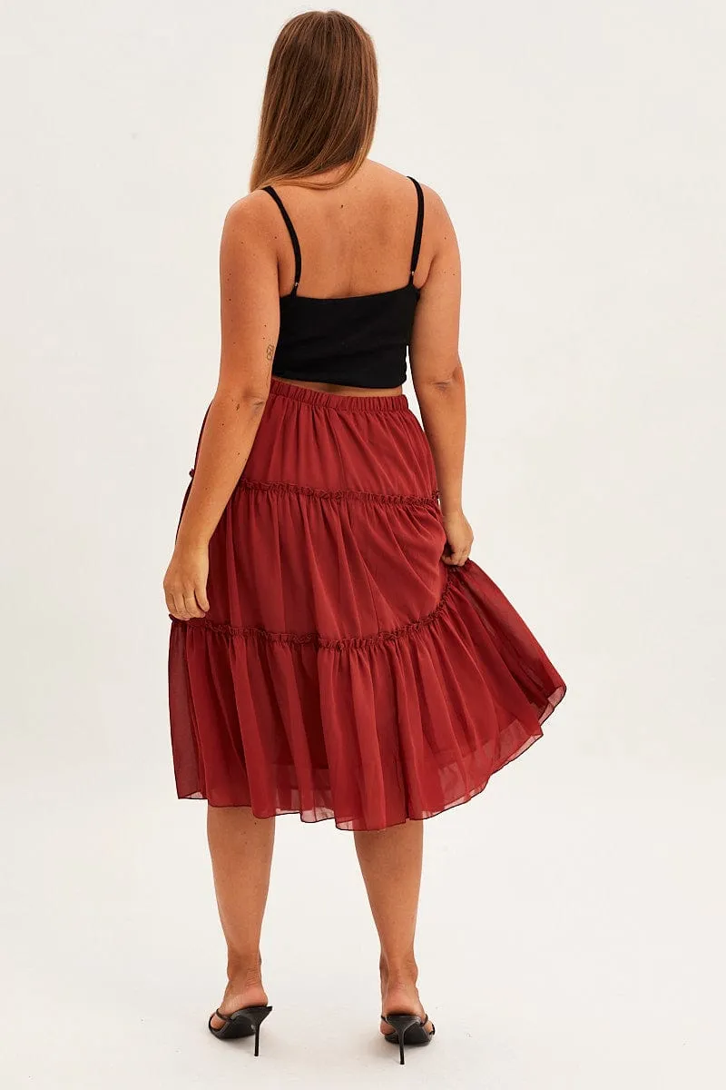 button detail Maxi length Brown Midi Skirt Elastic Waist Chiffon Frill