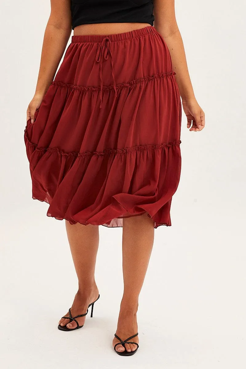 Laidback Style Polished Fit Brown Midi Skirt Elastic Waist Chiffon Frill