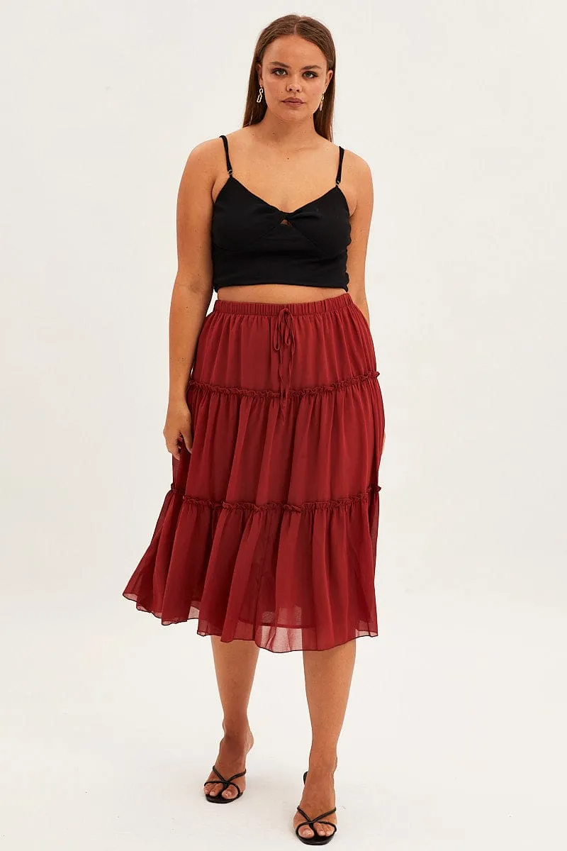 Brown Midi Skirt Elastic Waist Chiffon Frill Ethically Made Modern Chic