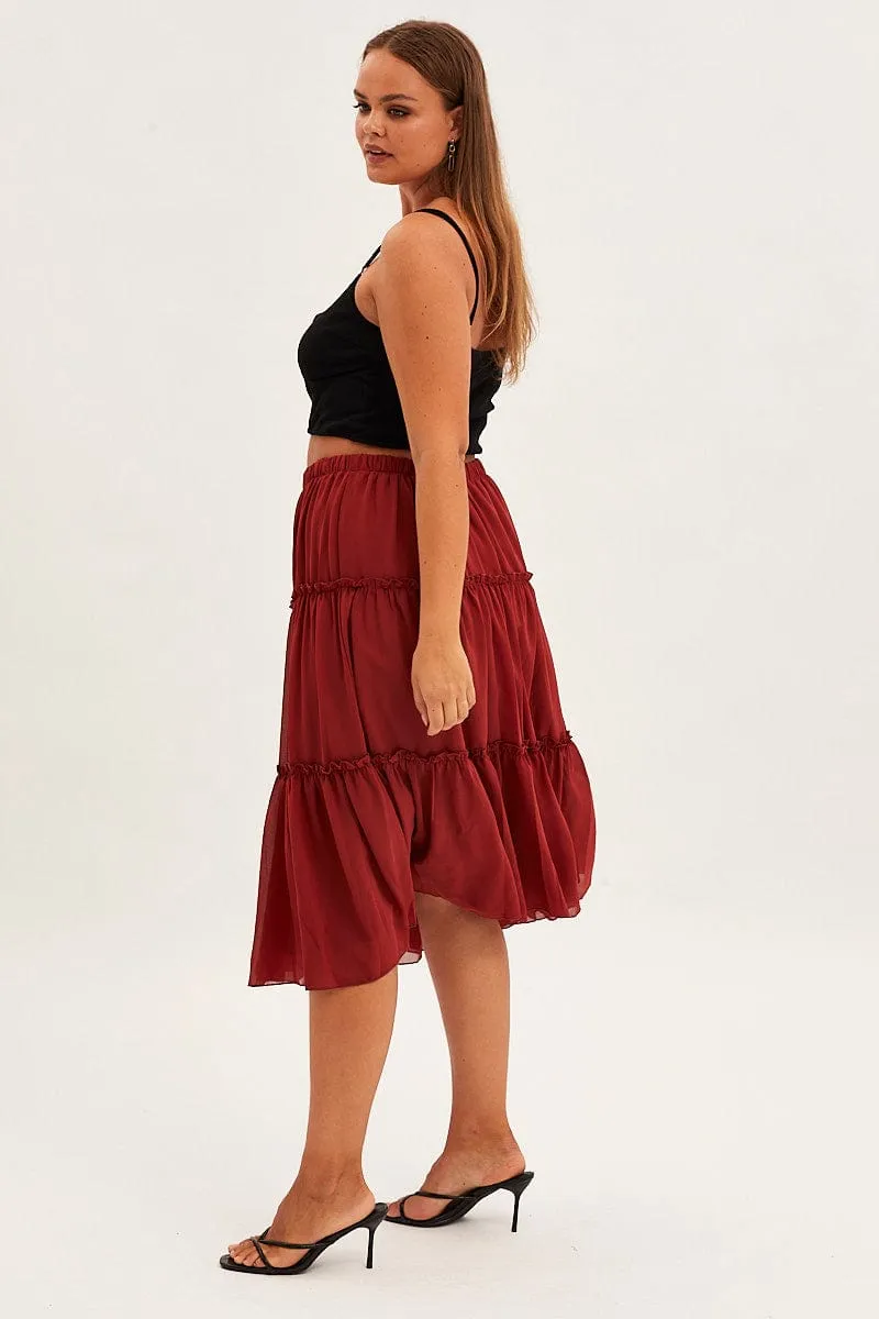 Brown Midi Skirt Elastic Waist Chiffon Frill Layered Design