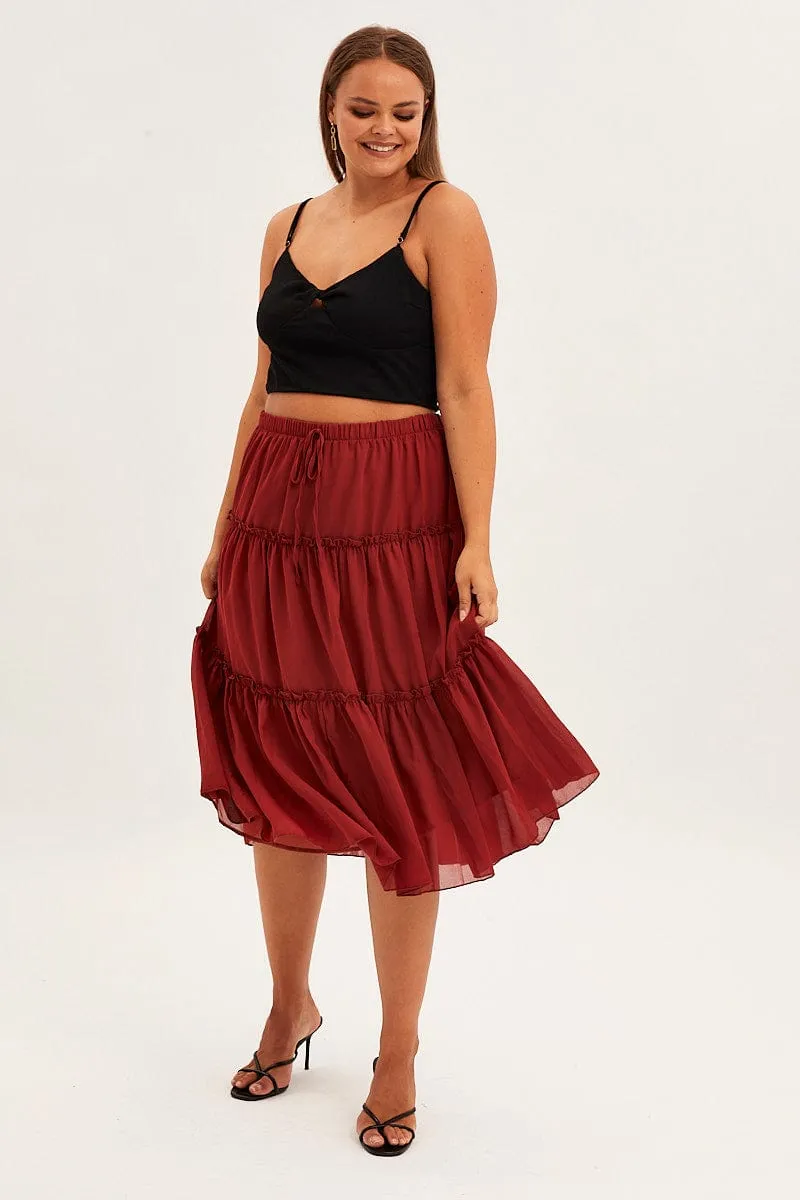 Brown Midi Skirt Elastic Waist Chiffon Frill Easy Outfit Polished Touch