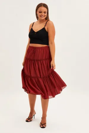 Brown Midi Skirt Elastic Waist Chiffon Frill Easy Outfit Polished Touch