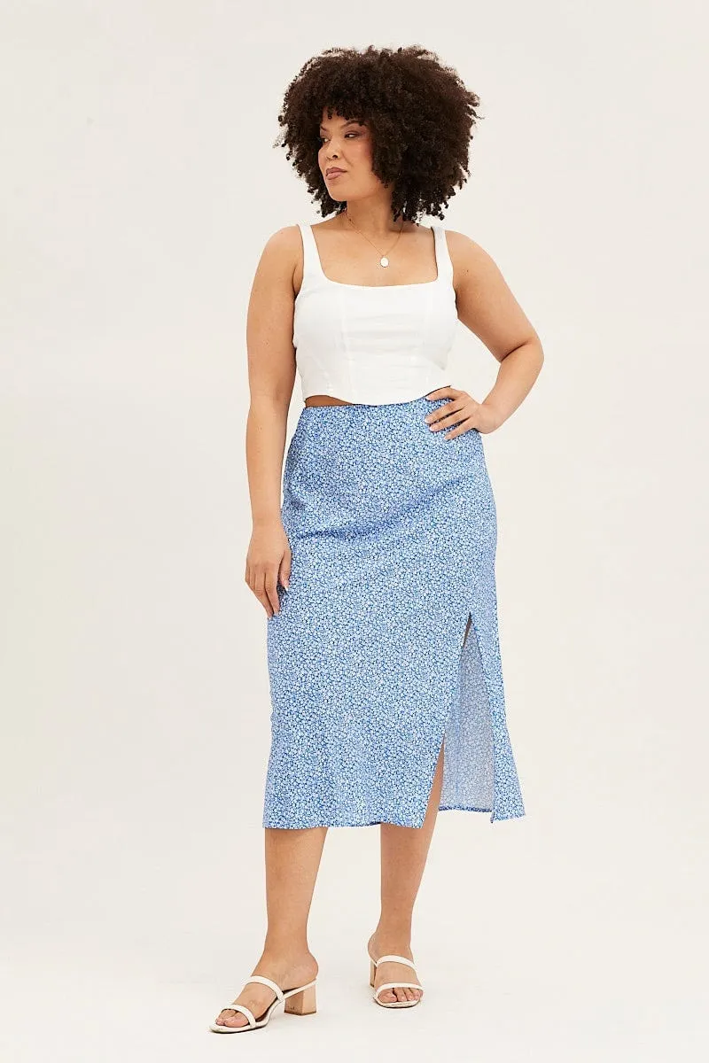 Ditsy Print Midi Skirt Split Faux Leather