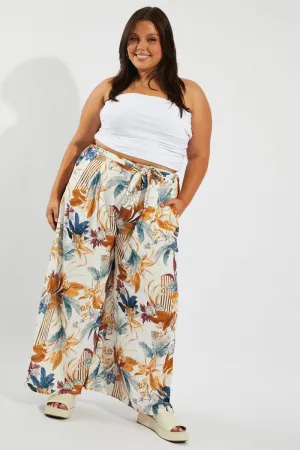 Functional Style Breathable Design Multi Floral Wide Leg Pants Belted